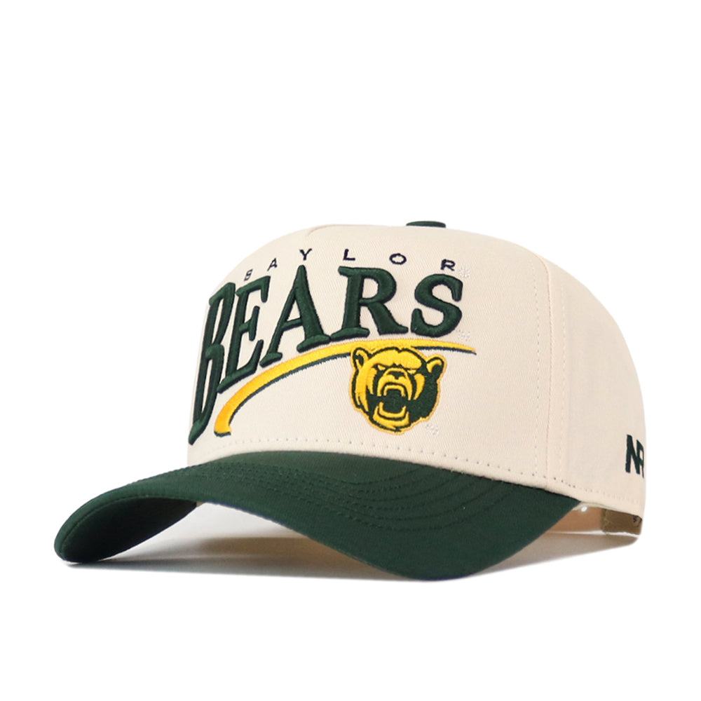 A tan and green Baylor Bears Stride Hat by No Rivals, featuring an embroidered bear logo and BAYLOR BEARS text on the front, officially licensed embroidery, and a classic snapback closure.