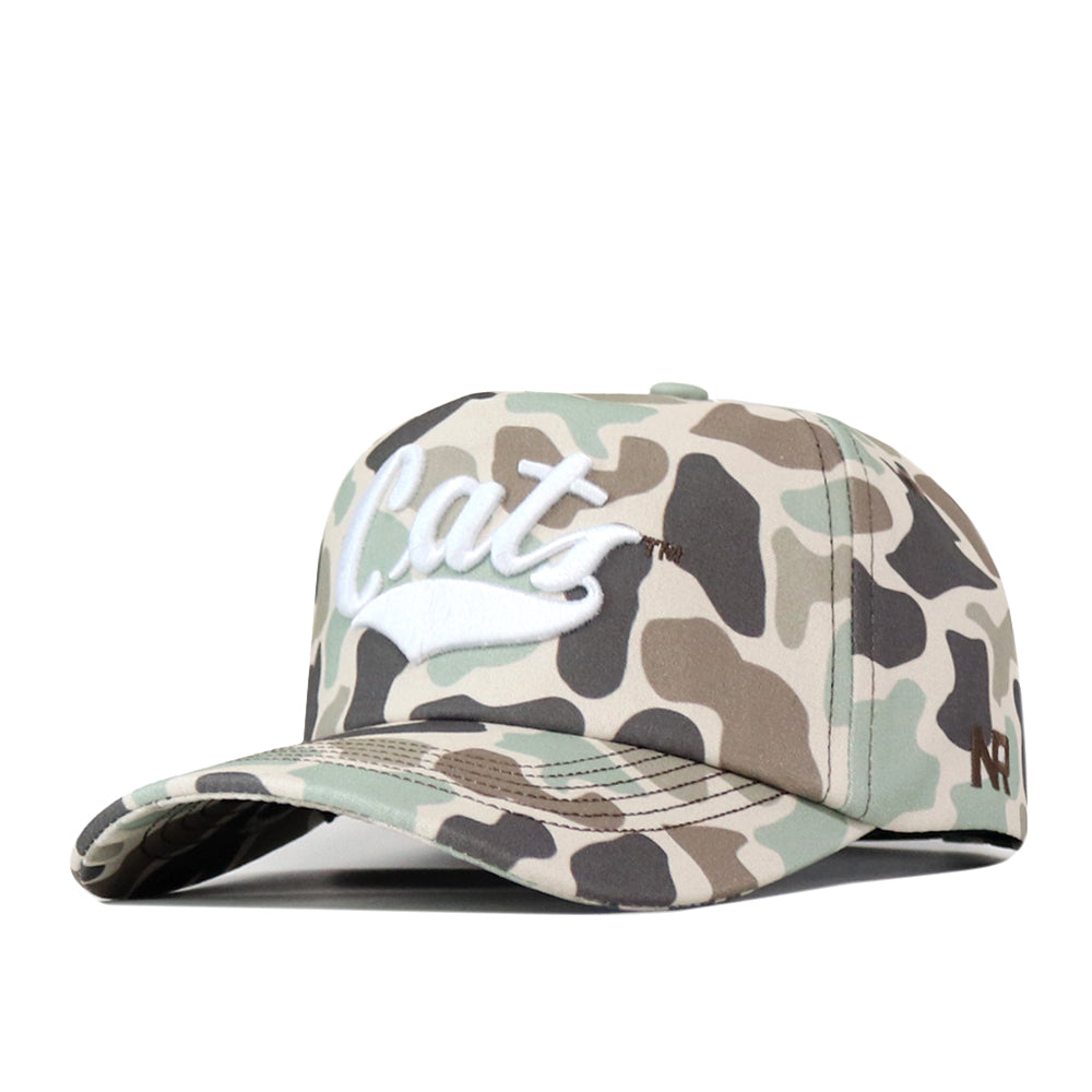 No Rivals Montana State Script Huntsman Hat, a 5-panel cap featuring “Cat.” embroidered in large white script on the front, with a classic fitted style and curved brim for comfortable wear.