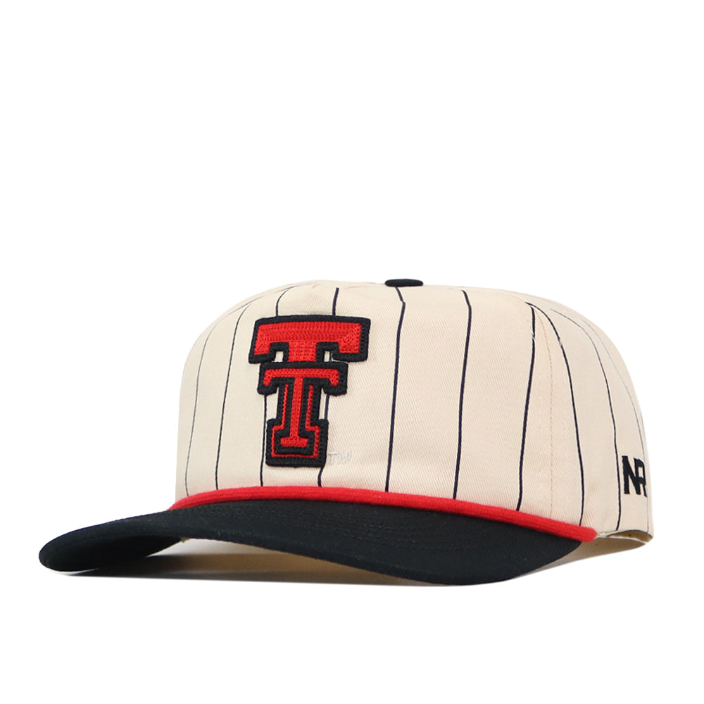 The Texas Tech Pinstripe Hat by No Rivals features a cream-colored design with thin black pinstripes, a black brim, and a striking red and black T logo on the front, accented by a red line above the brim. With its unstructured fit and adjustable snap back closure, this hat provides casual comfort in a one size fits most style.