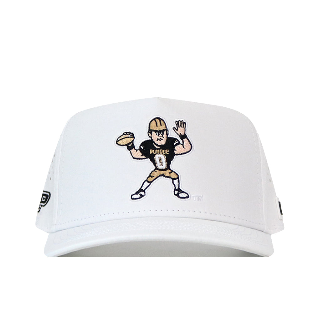 Show your team spirit with the Purdue Boilermakers Football Mascot Hat in white by No Rivals. This performance fabric cap showcases an embroidered cartoon football player in a Purdue uniform, holding a football and waving. Designed for comfort and style, this hat features a snap back closure for an adjustable, perfect fit.