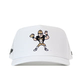 Show your team spirit with the Purdue Boilermakers Football Mascot Hat in white by No Rivals. This performance fabric cap showcases an embroidered cartoon football player in a Purdue uniform, holding a football and waving. Designed for comfort and style, this hat features a snap back closure for an adjustable, perfect fit.