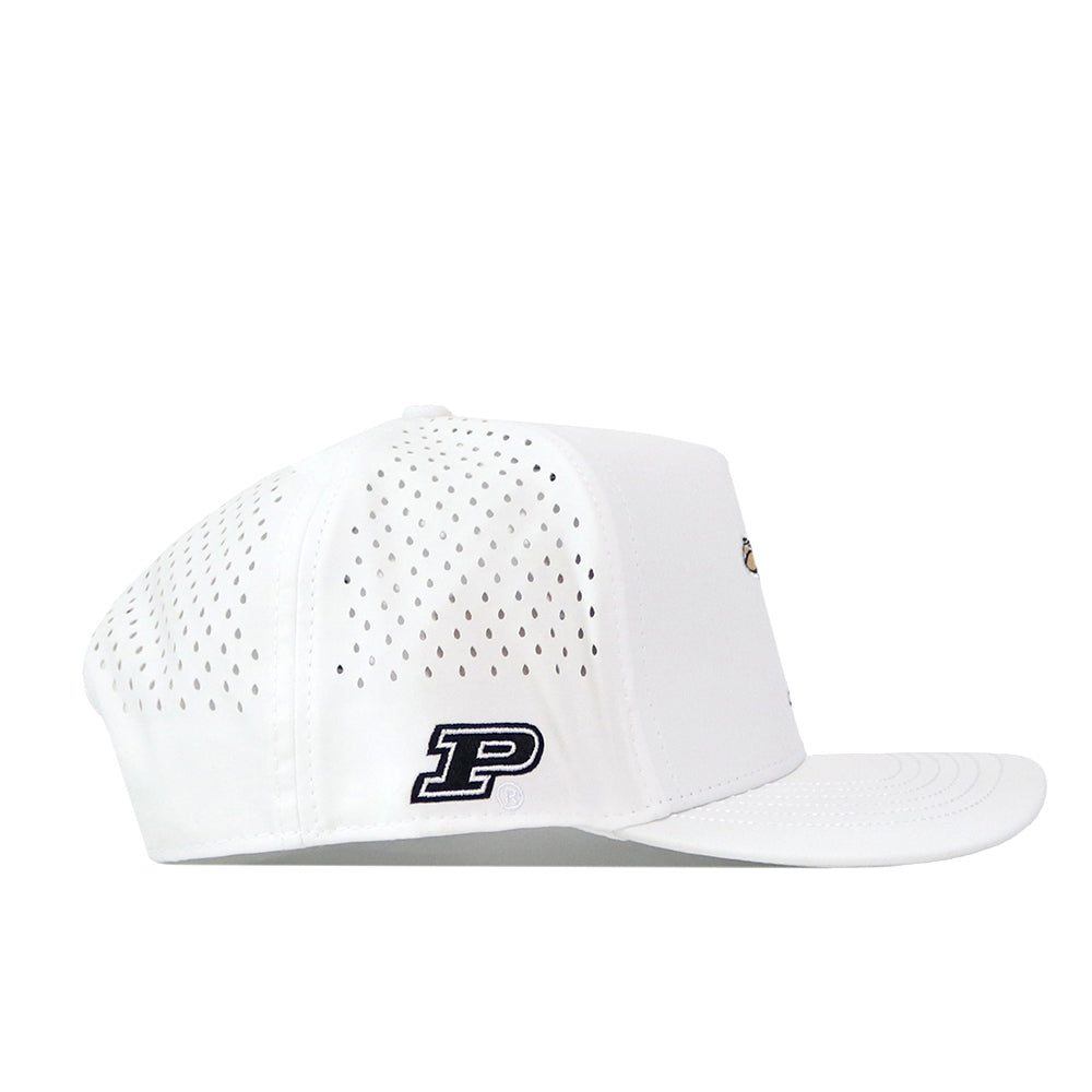 A left side view of the Purdue Boilermakers Football Mascot Hat by No Rivals, featuring white performance fabric with perforated side panels and a black embroidered logo cap patch on the side.