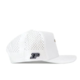 A left side view of the Purdue Boilermakers Football Mascot Hat by No Rivals, featuring white performance fabric with perforated side panels and a black embroidered logo cap patch on the side.