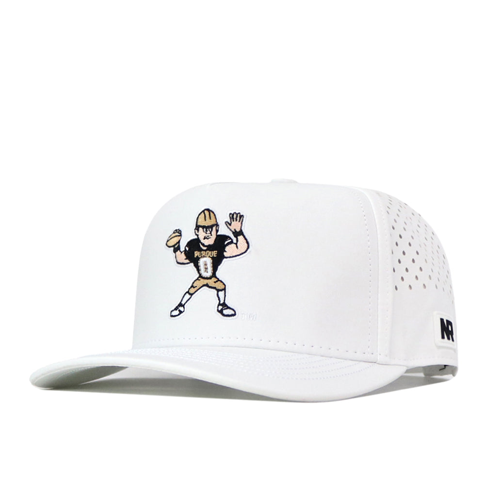The No Rivals Purdue Boilermakers Football Mascot Hat - White is a performance fabric cap showcasing an embroidered cartoon football player in a black Purdue uniform, ready to throw a football. This stylish hat features an adjustable snap back for a comfortable fit.
