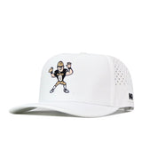 The No Rivals Purdue Boilermakers Football Mascot Hat - White is a performance fabric cap showcasing an embroidered cartoon football player in a black Purdue uniform, ready to throw a football. This stylish hat features an adjustable snap back for a comfortable fit.