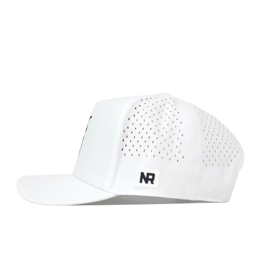 The No Rivals Texas State Golf Hat in white features a snapback closure, perforated side panels for optimal ventilation, and a sleek rectangular NR logo patch on the side. Displayed in a side profile against a plain white background, this hat showcases its contemporary embroidered detailing and modern design.