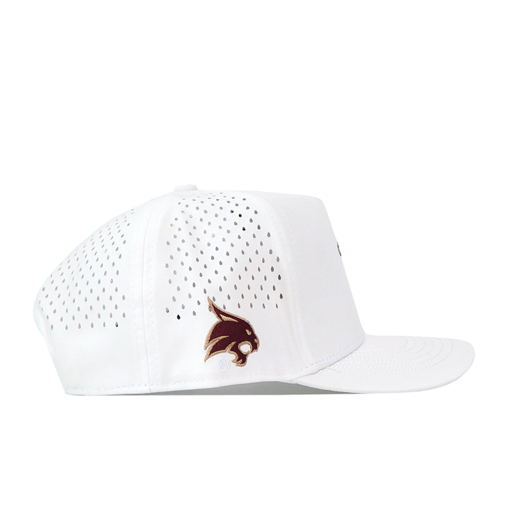 The No Rivals Texas State Golf Hat - White features a crisp white design with ventilation holes and detailed embroidered graphics, including a brown and gold bobcat logo on the side. This stylish snapback golf cap is shown from the side against a plain white background.