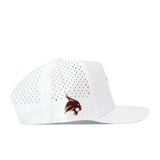 The No Rivals Texas State Golf Hat - White features a crisp white design with ventilation holes and detailed embroidered graphics, including a brown and gold bobcat logo on the side. This stylish snapback golf cap is shown from the side against a plain white background.
