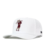 The Texas State Golf Hat - White by No Rivals features embroidered graphics of a cartoon wildcat in a maroon shirt that says “Texas State,” with black NR initials on the side. This cap includes perforated ventilation holes and a snapback closure, making it perfect for golf or everyday wear.