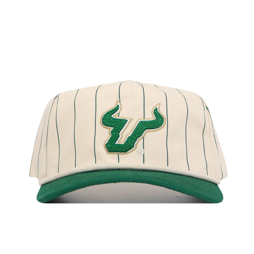 The USF Pinstripe Hat by No Rivals features a cream color with green pinstripes, a green bull logo, and a matching green brim. Made from premium cotton, this snapback cap offers a comfortable, structured fit.