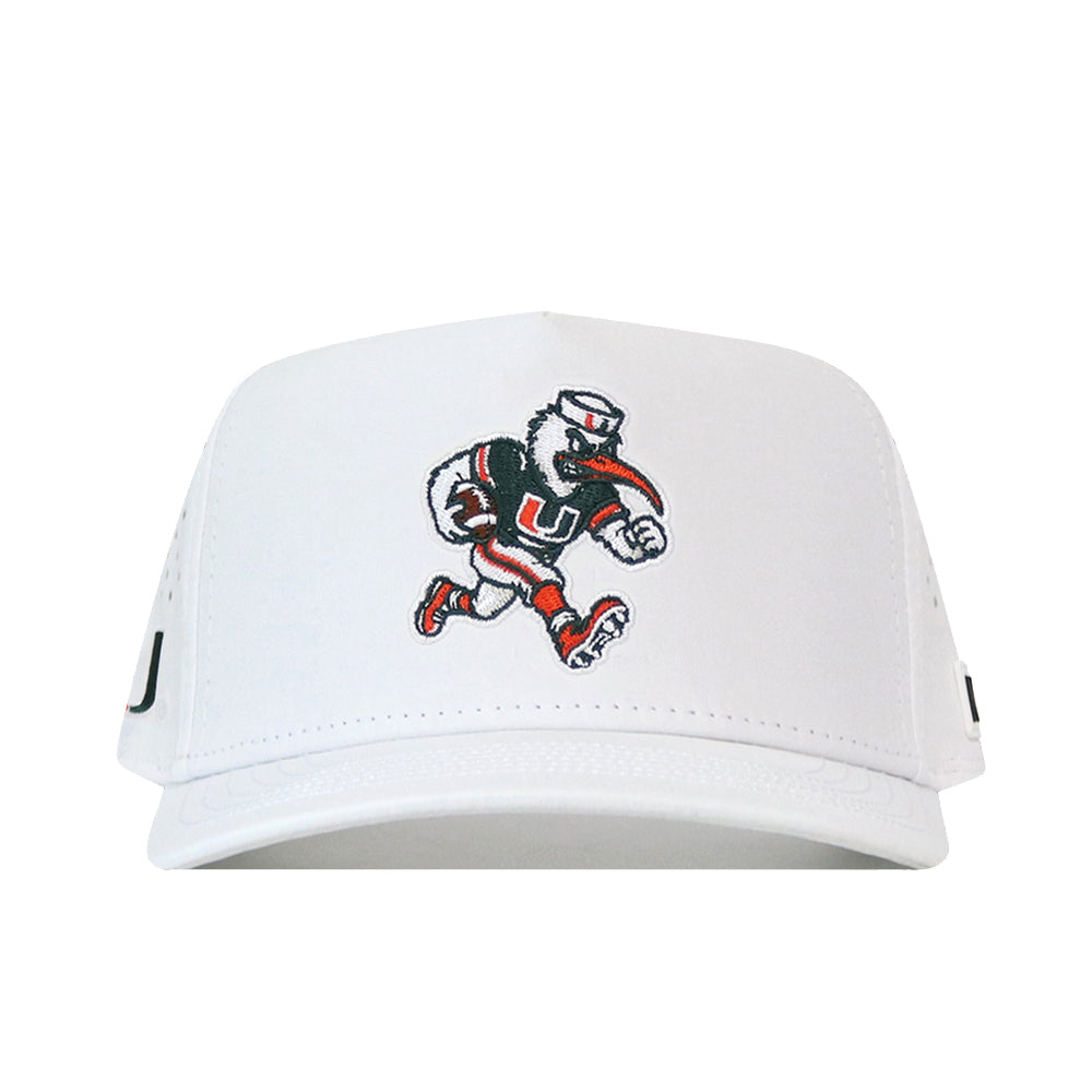 Introducing the Miami Hurricanes Football Mascot Hat - White by No Rivals. This white baseball cap showcases a high-quality embroidered logo of the Miami Hurricanes’ iconic cartoon bird mascot, wearing a sailor hat and sports uniform with a prominent U logo, captured mid-run. The vibrant design is outlined in black, red, and green threads. Made from performance fabric for long-lasting comfort, this cap features an adjustable snap back closure for a customizable fit.
