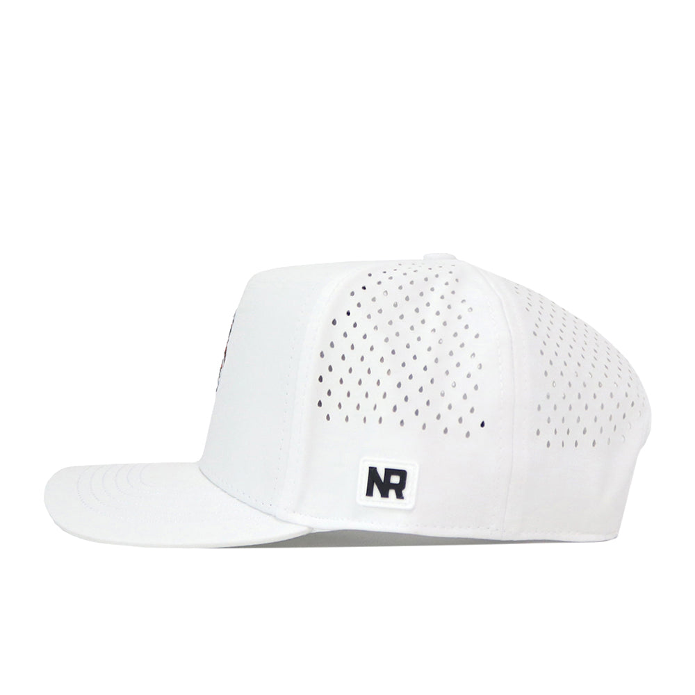White Miami Hurricanes Football Mascot Hat by No Rivals, crafted from performance fabric with small perforated holes for ventilation, a flat brim, and a black No Rivals embroidered logo patch on the side. The image displays a side view of the hat with its snap back closure against a white background.