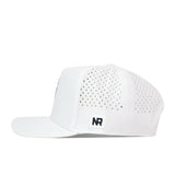 White Miami Hurricanes Football Mascot Hat by No Rivals, crafted from performance fabric with small perforated holes for ventilation, a flat brim, and a black No Rivals embroidered logo patch on the side. The image displays a side view of the hat with its snap back closure against a white background.