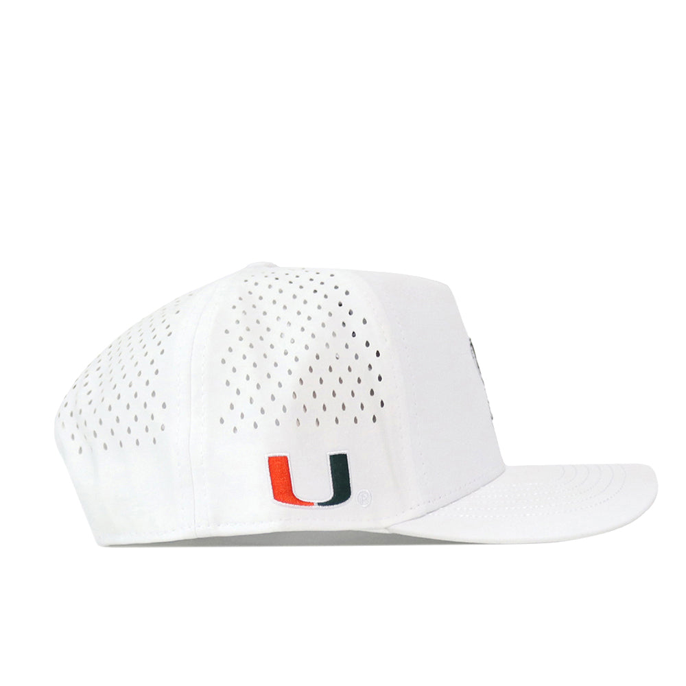 Here’s a rewritten version using your product data: Show your team spirit with the No Rivals Miami Hurricanes Football Mascot Hat in white. This hat features ventilation holes, a structured crown, and a flat brim, with the iconic University of Miami “U” logo embroidered in green, orange, and white on the side. The convenient snap back closure ensures an adjustable fit.