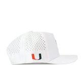 Here’s a rewritten version using your product data: Show your team spirit with the No Rivals Miami Hurricanes Football Mascot Hat in white. This hat features ventilation holes, a structured crown, and a flat brim, with the iconic University of Miami “U” logo embroidered in green, orange, and white on the side. The convenient snap back closure ensures an adjustable fit.