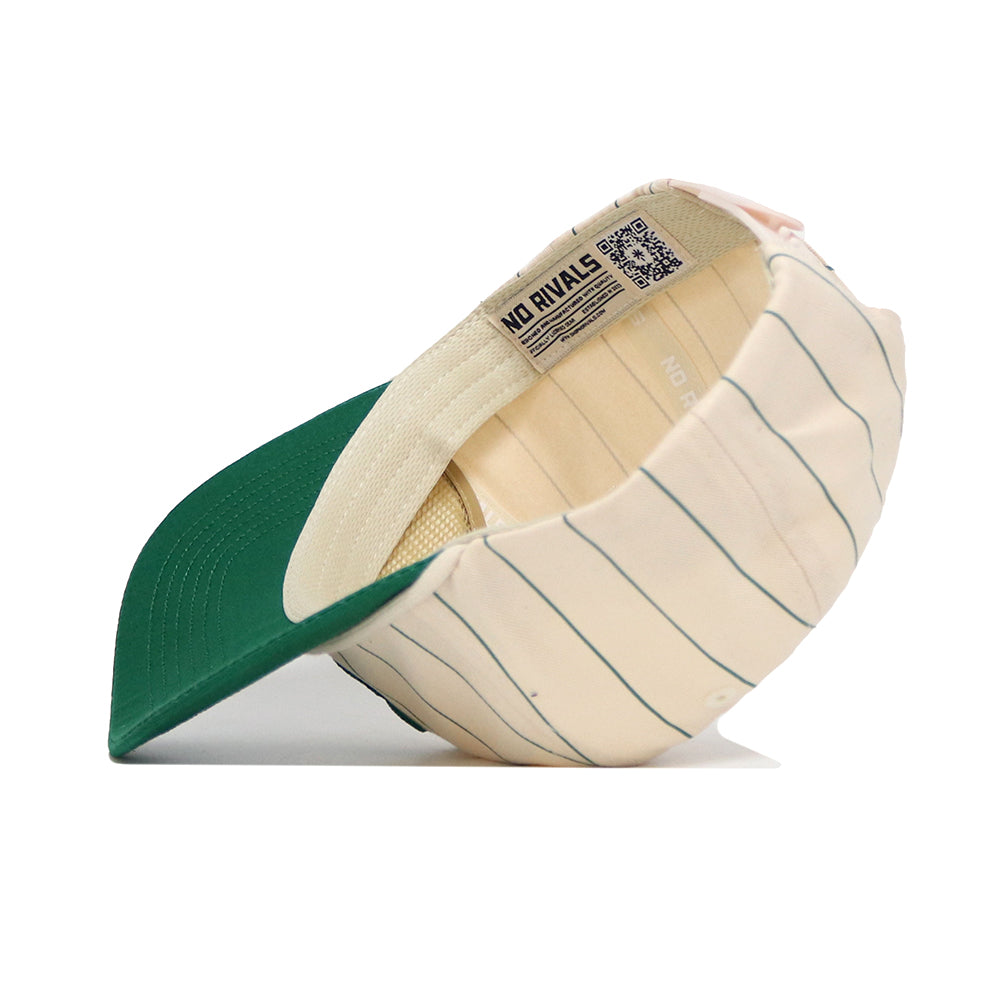 The USF Pinstripe Hat by No Rivals features green pinstripes on beige cotton, a green brim, soft unstructured crown, NO RIVALS inside label, and a pink back strap.