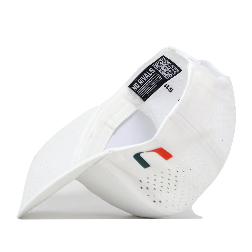 Introducing the Miami Hurricanes Football Mascot Hat - White by No Rivals: This white baseball cap is crafted from performance fabric for breathability and comfort, featuring a curved brim, side perforations, a small embroidered red, green, and orange Miami Hurricanes logo on the side, and a black interior tag. The cap is displayed on its side to highlight the detailed interior craftsmanship.
