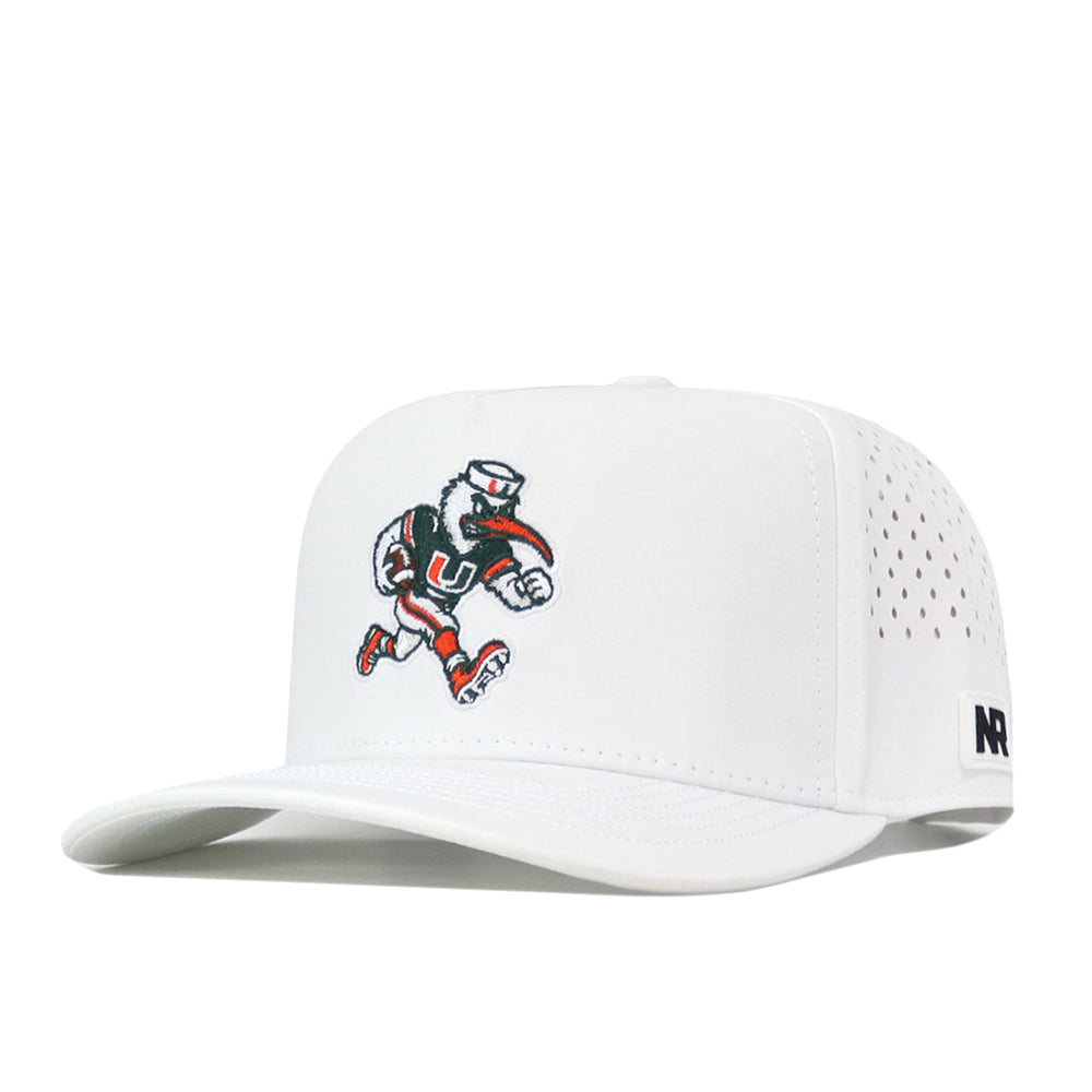 Introducing the Miami Hurricanes Football Mascot Hat in White by No Rivals—a performance fabric snapback featuring perforated side panels for enhanced breathability. The cap showcases an embroidered cartoon bird mascot wearing a hat and shoes, proudly displaying a green “U” on its chest. The adjustable fit is secured with a snapback closure, while “NR” is stitched on the brim’s side.