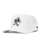 Introducing the Miami Hurricanes Football Mascot Hat in White by No Rivals—a performance fabric snapback featuring perforated side panels for enhanced breathability. The cap showcases an embroidered cartoon bird mascot wearing a hat and shoes, proudly displaying a green “U” on its chest. The adjustable fit is secured with a snapback closure, while “NR” is stitched on the brim’s side.