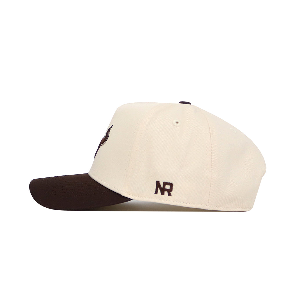 The USF Espresso Hat by No Rivals is a cream cotton baseball cap with a dark brown curved brim and “NR” embroidered in brown on the side, shown in profile against a white background.