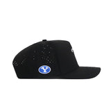Side view of the BYU Golf Hat - Black by No Rivals, made from a polyester-cotton blend, with small ventilation holes and a blue and white Y logo patch on the side.