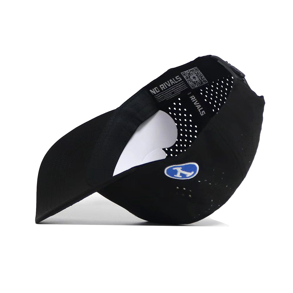 The BYU Golf Hat - Black by No Rivals is a structured snapback cap with interior stitching and a visible NO RIVALS label. It showcases a bold blue and white front logo for standout style.