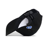 The BYU Golf Hat - Black by No Rivals is a structured snapback cap with interior stitching and a visible NO RIVALS label. It showcases a bold blue and white front logo for standout style.