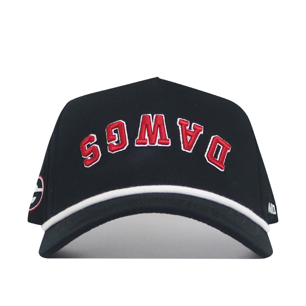 Introducing the Georgia Bulldogs | Upside Down Dawgs Hat - Blackout by No Rivals: This striking black snapback features “DAWGS” boldly embroidered in upside-down red lettering on the front, accented with a sharp white trim above the brim and a logo patch on the left side—a must-have statement piece for any Georgia Bulldogs fan looking to stand out.