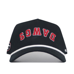 Introducing the Georgia Bulldogs | Upside Down Dawgs Hat - Blackout by No Rivals: This striking black snapback features “DAWGS” boldly embroidered in upside-down red lettering on the front, accented with a sharp white trim above the brim and a logo patch on the left side—a must-have statement piece for any Georgia Bulldogs fan looking to stand out.