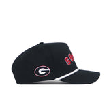 The Georgia Bulldogs | Upside Down Dawgs Hat - Blackout by No Rivals features a bold red “SPARTANS” text outlined in white on the front, a red G logo inside a white oval on the side, and crisp white trim above the brim. This black baseball cap comes with an adjustable snapback closure for a perfect fit.