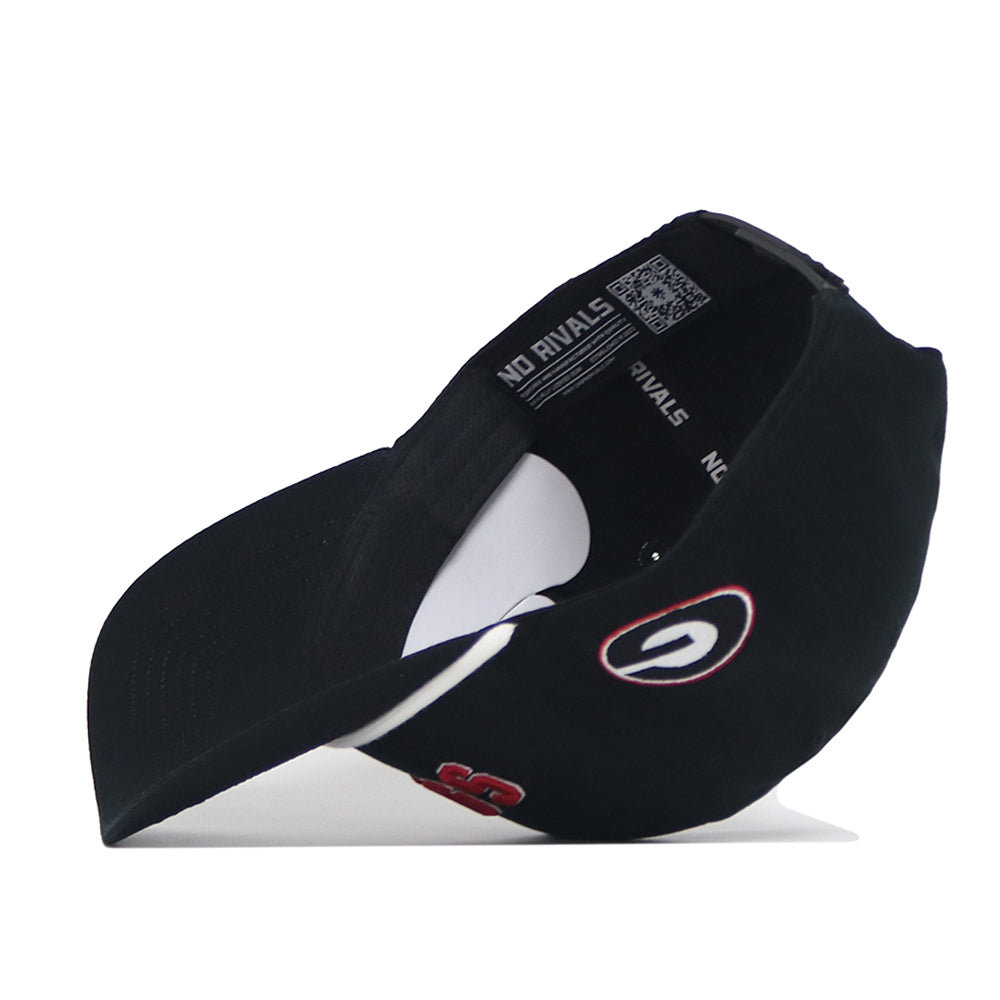 The No Rivals Georgia Bulldogs | Upside Down Dawgs Hat - Blackout is displayed upside down to reveal the inside label. This snapback cap showcases a white and red G logo and a small red SC logo on the brim.