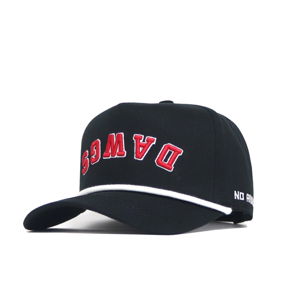 Add bold style to your collection with the Georgia Bulldogs | Upside Down Dawgs Hat - Blackout by No Rivals—a black snapback baseball cap featuring “DAMCVS” in bold red, upside-down letters on the front, white trim on the brim, and “NO RULES” in white text on the side—perfect for fans of an upside down hat or a Georgia Bulldogs hat.