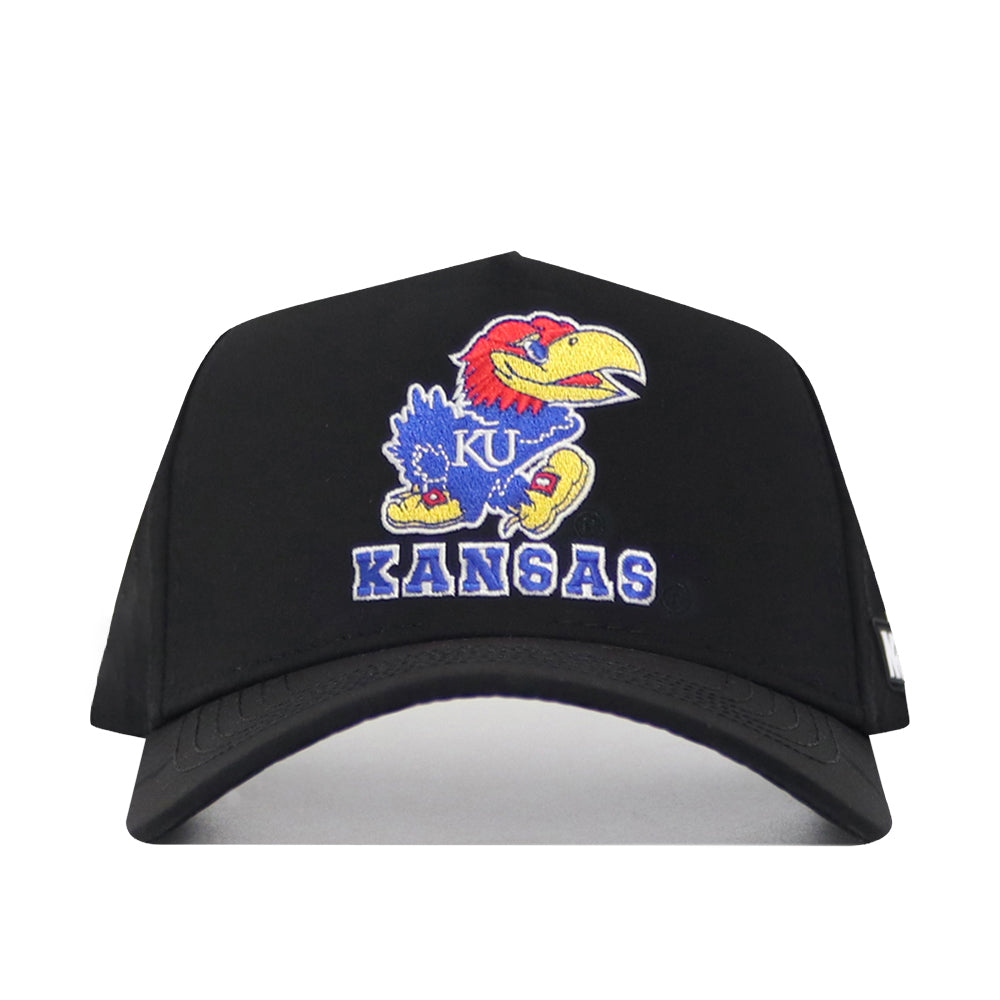 The No Rivals Kansas Golf Hat - Black showcases bold, embroidered graphics with the University of Kansas Jayhawk logo above "KANSAS" on the front.