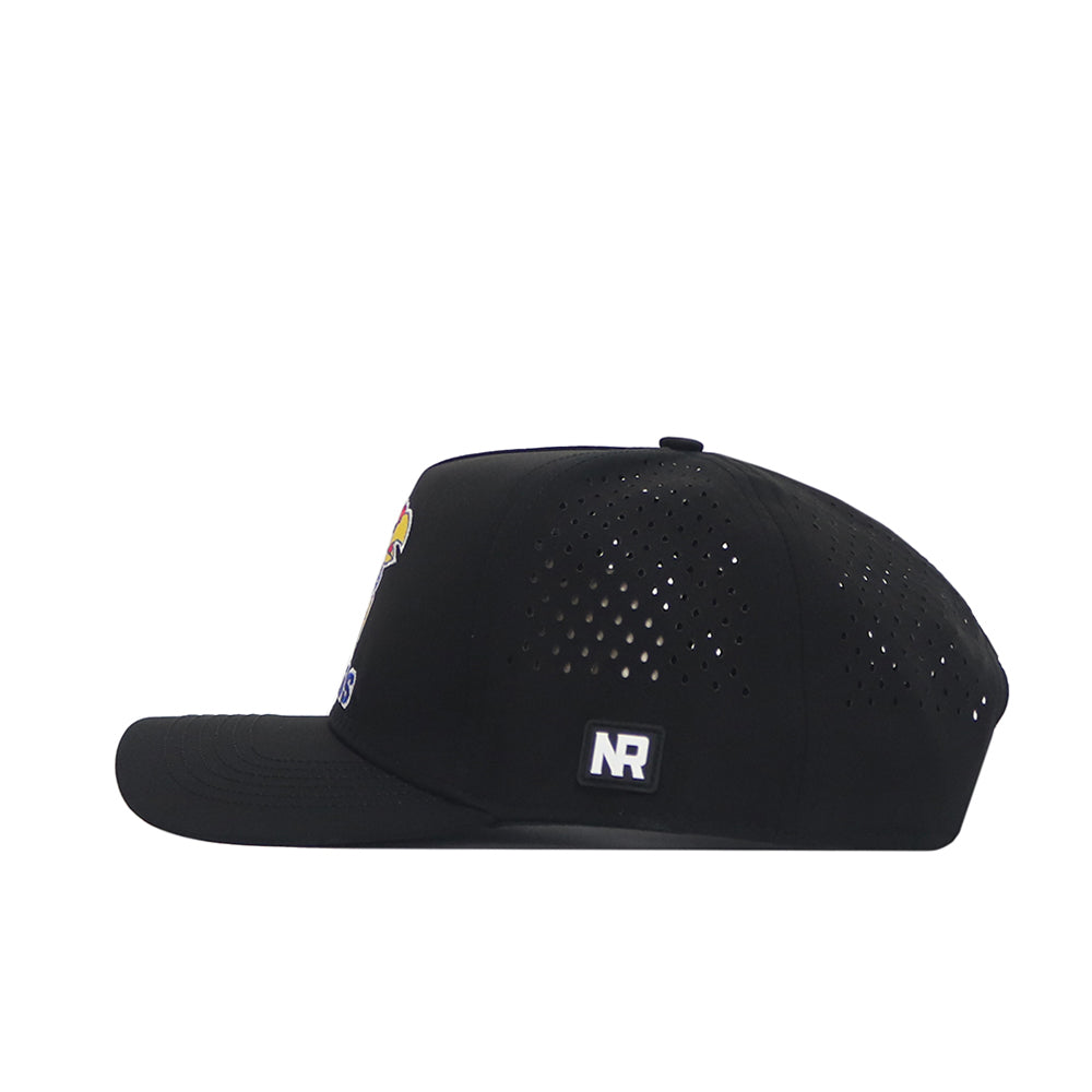 The No Rivals Kansas Golf Hat in black is shown from the side, featuring small ventilation holes on the crown, an NR logo patch on the back, and a classic snapback closure.