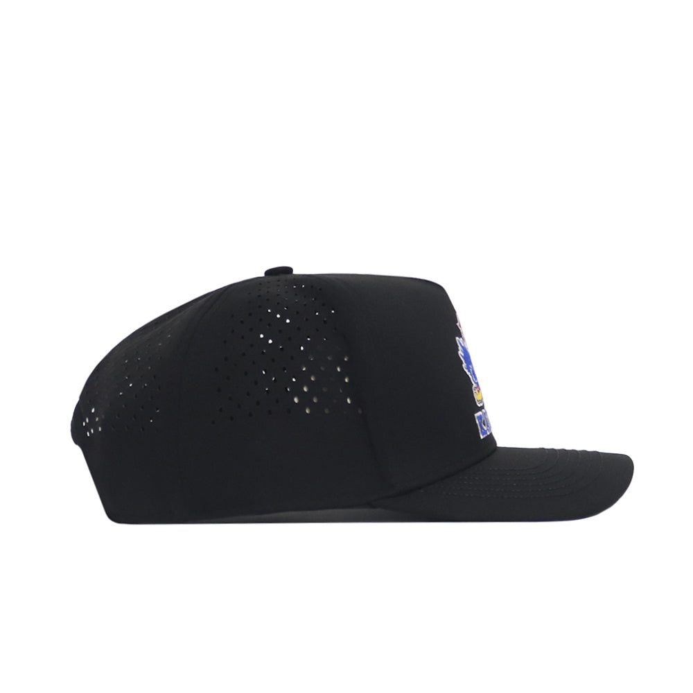 The No Rivals Kansas Golf Hat - Black is a snapback cap shown in side profile, with small side ventilation holes, a flat brim, and a partially visible colorful front patch with embroidered graphics.