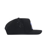 The No Rivals Kansas Golf Hat - Black is a snapback cap shown in side profile, with small side ventilation holes, a flat brim, and a partially visible colorful front patch with embroidered graphics.