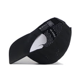 The Kansas Golf Hat - Black by No Rivals features a curved visor, perforated inner lining, and "NO RIVALS" printed on the inner band next to a QR code. The snapback closure offers adjustable fit. Shown from underside in black.
