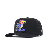 The Kansas Golf Hat - Black by No Rivals features the University of Kansas Jayhawk mascot and "KANSAS" in blue and white embroidery, with perforated side panels and a flat brim—ideal for golf or everyday wear.