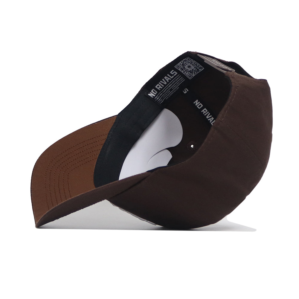 The EWU Americano Hat by No Rivals is a brown snapback featuring a curved brim, a black headband with "NO RIVALS" in white, and visible inner lining. Made from high-quality cotton for comfort and structure.