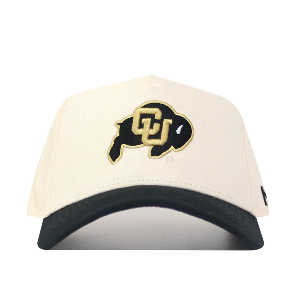 The Classic Colorado Buffs Hat is a structured snapback with a white crown, black brim, and University of Colorado buffalo logo—black with gold outline and intertwined CU—crafted from high quality cotton for comfort and style.