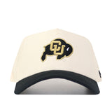 The Classic Colorado Buffs Hat is a structured snapback with a white crown, black brim, and University of Colorado buffalo logo—black with gold outline and intertwined CU—crafted from high quality cotton for comfort and style.