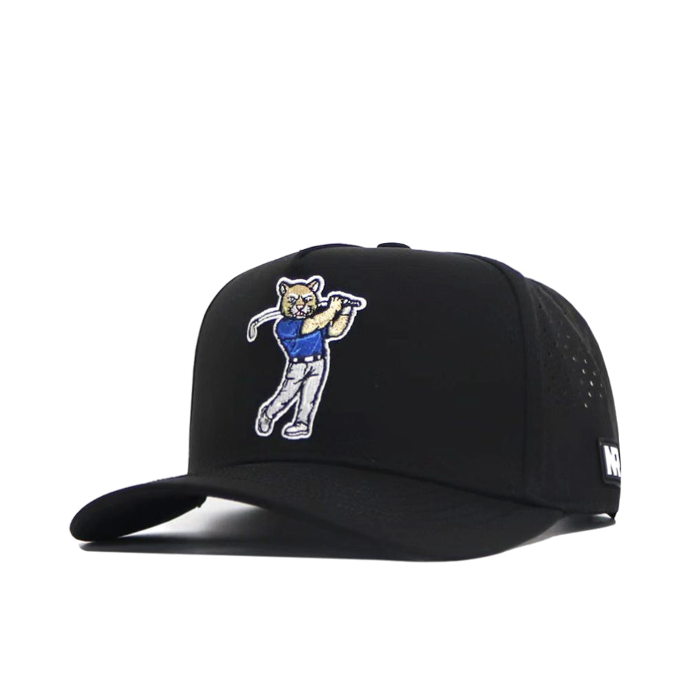 The BYU Golf Hat - Black by No Rivals is a structured cap with an embroidered cartoon cat swinging a golf club on the front, made from a durable polyester-cotton blend, and features a small white logo patch on the side.