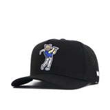 The BYU Golf Hat - Black by No Rivals is a structured cap with an embroidered cartoon cat swinging a golf club on the front, made from a durable polyester-cotton blend, and features a small white logo patch on the side.