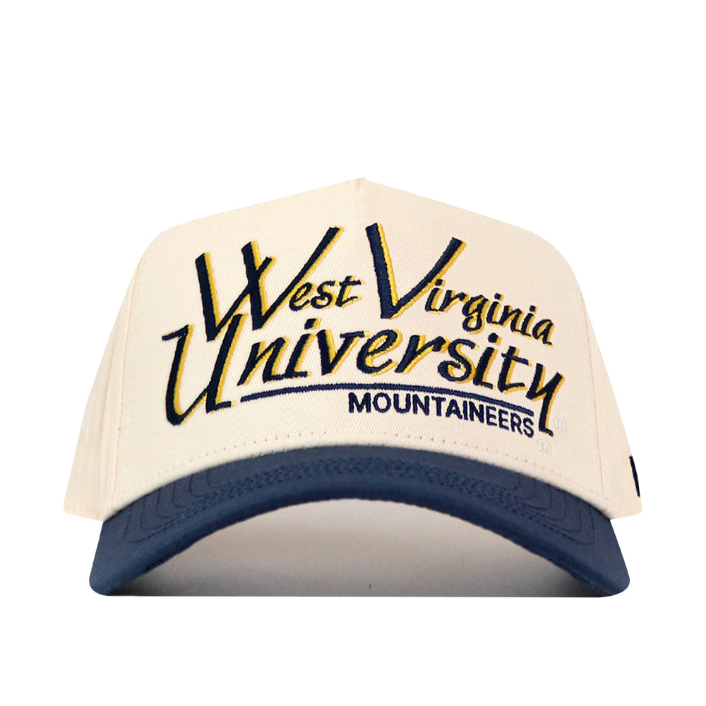 The No Rivals WVU Mountaineers Script Retro Hat is a white and blue baseball cap crafted from performance fabric, featuring a snap back closure for adjustable comfort. The front showcases “West Virginia University Mountaineers” embroidered in bold yellow and navy lettering, combining team spirit with premium design.