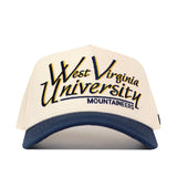 The No Rivals WVU Mountaineers Script Retro Hat is a white and blue baseball cap crafted from performance fabric, featuring a snap back closure for adjustable comfort. The front showcases “West Virginia University Mountaineers” embroidered in bold yellow and navy lettering, combining team spirit with premium design.