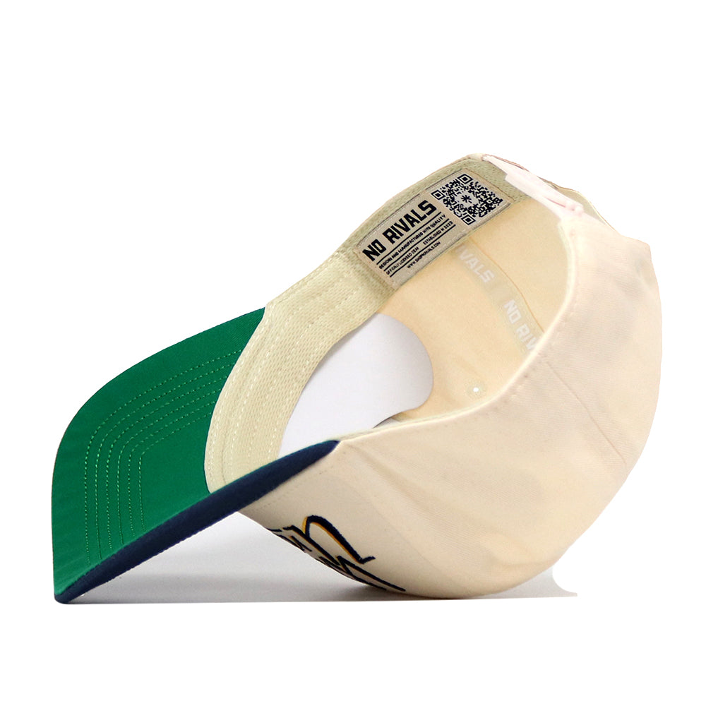The WVU Mountaineers Script Retro Hat by No Rivals is shown from underneath, displaying its green brim, inner stitching, a No Rivals label, and a QR code on the inside band. This snapback cap features performance fabric for lasting comfort.
