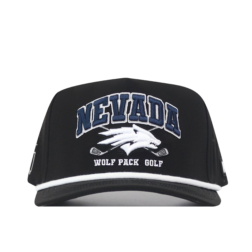 Introducing the Nevada Wolf Pack Golf Hat - Black by No Rivals—a bold cap featuring NEVADA in prominent lettering, an embroidered wolf logo, and “WOLF PACK GOLF” stitched on the front. The design includes white trim lining the bill and crossed lacrosse sticks beneath the wolf graphic. Finished with a snap back closure for an ideal gameday fit.