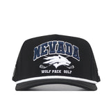 Introducing the Nevada Wolf Pack Golf Hat - Black by No Rivals—a bold cap featuring NEVADA in prominent lettering, an embroidered wolf logo, and “WOLF PACK GOLF” stitched on the front. The design includes white trim lining the bill and crossed lacrosse sticks beneath the wolf graphic. Finished with a snap back closure for an ideal gameday fit.