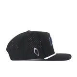 The Nevada Wolf Pack Golf Hat by No Rivals is a black cap featuring ventilation holes, a white outline of the state of Nevada on the side, and a raised embroidered logo on the front. Shown in a side profile view, it includes classic snapback adjustment for your perfect Gameday Fit.