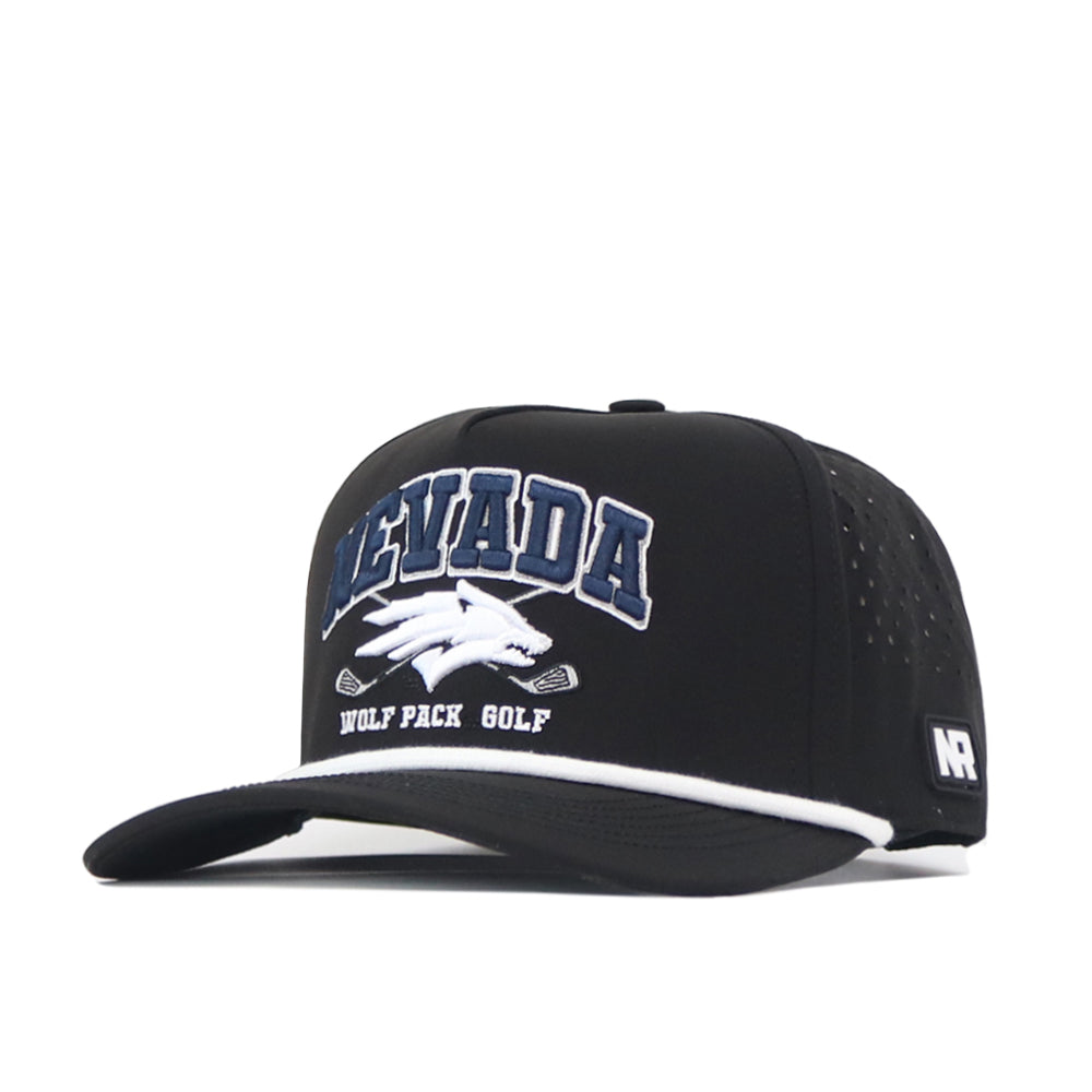 Introducing the Nevada Wolf Pack Golf Hat - Black by No Rivals: This stylish black snapback hat showcases “Nevada” and “Wolf Pack Golf” embroidered in crisp white and blue, complemented by an embroidered wolf logo on the front. The NR branding adorns the side for added flair. Designed for an ideal gameday fit, it features a snapback closure for customizable comfort.